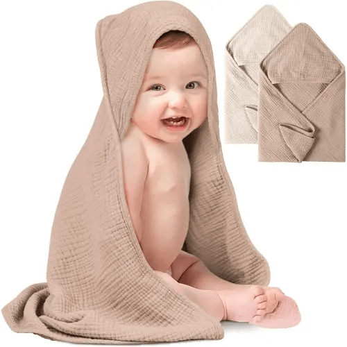 Konssy 2-Pack Muslin Hooded Baby Towels, 100% Cotton, Ultra-Soft & Absorbent Baby Bath Towels with Hood for Newborn & Infant (Cream, Camel,32" x 32")