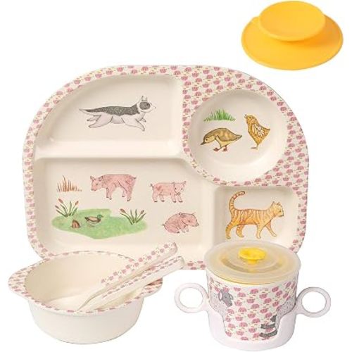 Bamboo Toddler Baby Plates and Bowls Set, 7Pcs Kids Plate Dinnerware Set