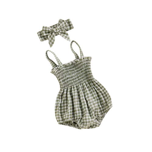 BemeyourBBs Newborn Baby Girls Summer Clothes Smocked Outfits Infant Plaid Gingham Bubble Romper Sleeveless Strap Bodysuit with Headband Set