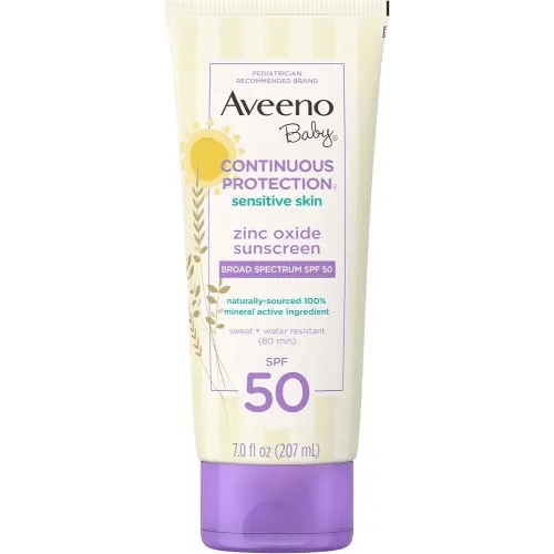 Aveeno Baby Continuous Protection Zinc Oxide Mineral Sunscreen Lotion for Sensitive Skin, Broad Spectrum SPF 50, Tear-Free, Sweat- & Water-Resistant, Paraben-Free, Non-Greasy, 7 fl. oz