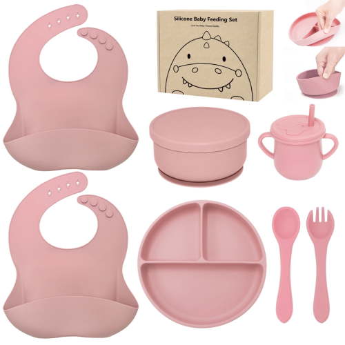 Benoxine Silicone Baby Feeding Set,Baby Led Weaning Set, 7Pcs-BPA Free,100% Food-Grade Silicone,Pink, 6M+