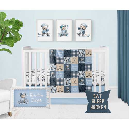 Hockey Crib Bedding Set: Blue Teddy Bear Nursery Decor, Personalized Baby Boy Gift