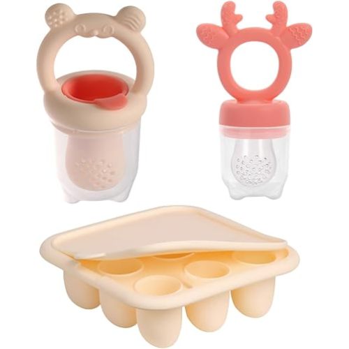 Silicone Baby Fruit Feeder Set with Freezer Tray, 2 Pack (Beige)