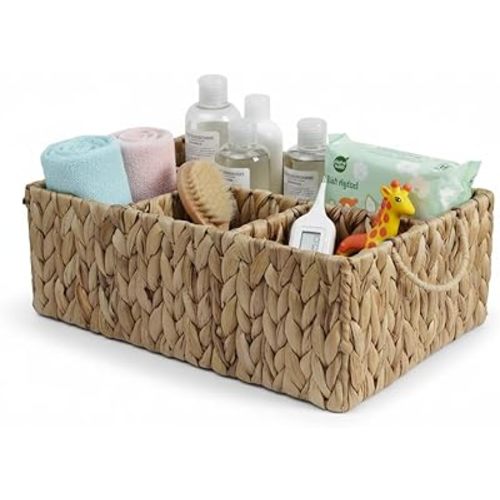 Storage Basket with Handles, Water Hyacinth Storage Baskets, Wicker Diaper Caddy, Diaper Basket,Countertop Organizer for Bathroom, Living Room, Home(15.75*11.03*5.52 inches)