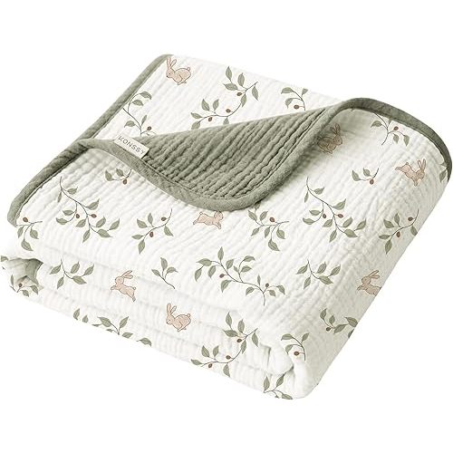 Konssy Muslin Baby Blankets for Girls Boys, 100% Cotton Crib Blanket for Baby Infant Toddler, Super Soft and Lightweight Nursery Blankets 40"x36"（Rabbit