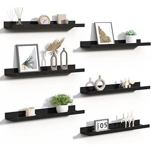 upsimples Floating Shelves for Wall, 23.6 Inch Shelves for Decor Storage Set of 6, Wall Mounted Wood Shelf for Bedroom, Living Room, Bathroom, Kitchen, Long Picture Ledge Shelves, Black