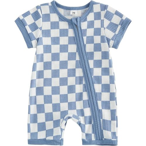 Newborn Baby Boy Girl Clothes Checkered Plaid Waffle Knit Zipper Romper Jumpsuit One Piece Bodysuit Summer Outfit