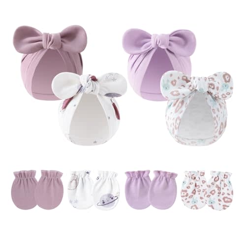 LIDHAY 4PCS Newborn Baby Hospital Hats Beanie Bow Infant Caps Cotton Preemie Hats No Scratch Mittens Set for 0-1 Years Old