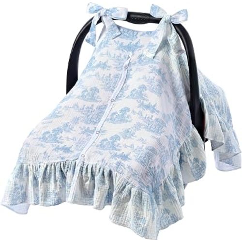 Tegeme Toile De Jouy Blue Muslin Baby Car Seat Cover 2-in-1 Breathable Multi-use Nursing Infant Car Seat Cover Windproof Canopy for Breastfeeding Strollers Carriers