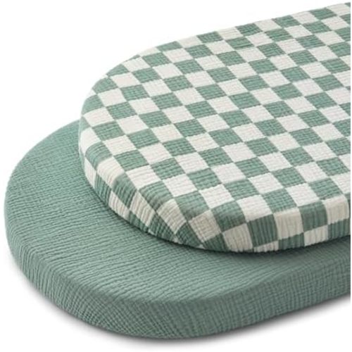 Blissful Diary Muslin Bassinet Sheets, 2 Pack, Sage Checkboard & Sage Green