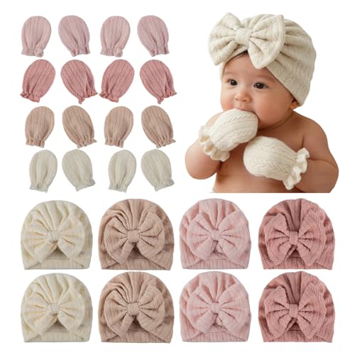 8 Sets Newborn Baby Hats & Mittens Cotton Preemie Infant Bow Beanies Caps Gloves Hospital New Born Boy Girl 0-3 Month