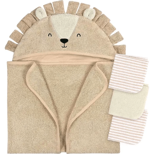 Gerber Baby 4 Piece Animal Character Hooded Towel and Washcloth Set, Brown Lion, One Size