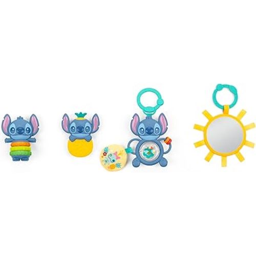 Bright Starts Disney Baby Stitch Tropical Treasures Gift Set with 4 Stitch Inspired Toys Including Baby-Safe Mirror and Teether, Newborns & Up