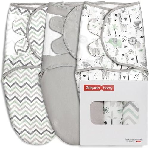 GLLQUEN BABY Organic Swaddle Sleep Sacks for Newborn - Baby Swaddles 0-3 Months, 3-Pack Newborn Swaddling Sack, Gray Stripe & Animal World, Baby Swaddle Blanket Wrap (Small/Medium)