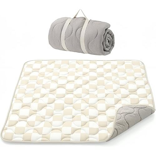 Momcozy Baby Play Mat for Floor, 50x50 Thickened Playpen Mat, Playmate for Baby Tummy Time, Waterproof & Non-Slip, Foldable Outdoor Mat with Carrying Handle, Khaki Plaid