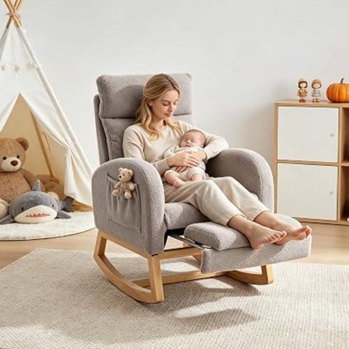 Rocking Chair Nursery with Foot Rest, Teddy Nursing Rocking Chair with High Backrest, Glider Rocker Chair for Living Room, Bedroom, Nursery(Teddy Light Gray)