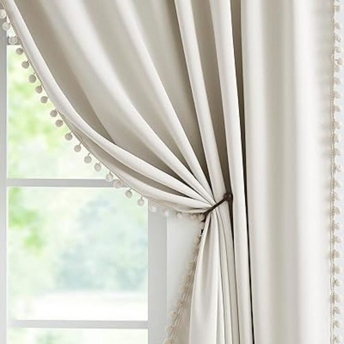 Jubilantex Pom Pom Beige Blackout Curtains 84 inches Long 2 Panels Triple Weave Window Treatments for Girls Bedroom and Living Room,52" x 84",Grommet