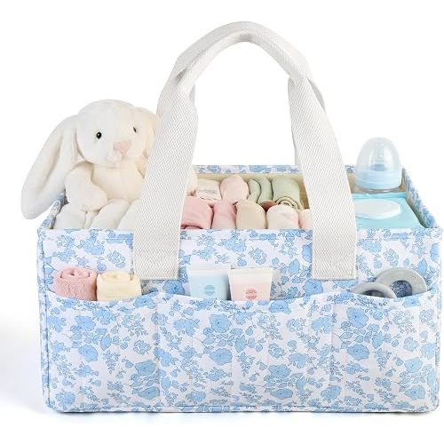 Baby Diaper Caddy Organizer with Portable Changing Mat-Portable Baby Organizers and Storage, Gift for Baby Shower, Baby Essentials Organizer with Removable Dividers (Blue Floral Print)