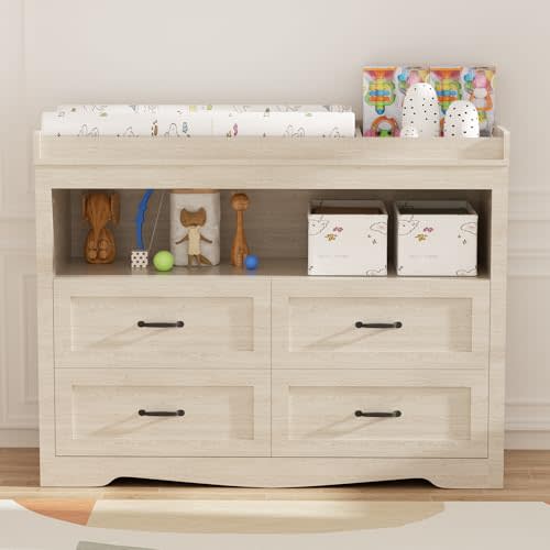 QUNTTINA Nursery Dresser Changing Table 4 Drawers Dressers with Changing Table Top Baby Dresser Chest with Open Storage Changing Station with LED Light Diaper Changing Station Nursery Organizer,Beige