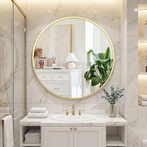 GarveeHome Espejo circular dorado para baño, espejo redondo con marco de aleación de aluminio de 24 pulgadas, espejo de baño redondo ecológico de alta definición para sobre el fregadero, espejo de