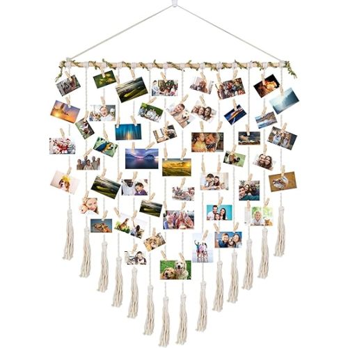 Hanging Photo Display boho bedroom decor teenage girl room decor Birthday Gifts for Grandma gift for mom Grandma’s Gifts - from Daughter, Granddaughter and Grandson - Mom Grandmothers Photo Holder,with 30 Wood Clips, 35" L x 30'' W