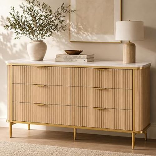 55.1" W 6 Drawer Dresser for Bedroom, Modern Fluted Wood Dresser with Marble-Look Top and Gold Accents, Double Chest of Drawers Storage Cabinet for Closet, Living Room, Entryway, Natural Oak