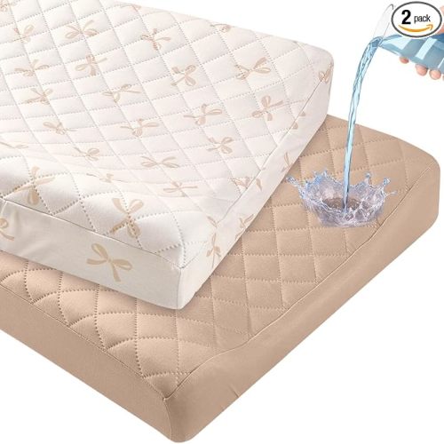 FIOBEE Changing Pad Cover Waterproof 2 Pack Quilted Diaper Change Table Sheets Breathable & Ultra Soft for Newborn Baby Boys Girls Fitted Changer Pads 32"x 16", Light Beige & Coffee