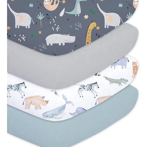 Plushii Crib Sheets for Boys Girls,Baby Crib Sheets Fitted 4PK for Standard Crib and Toddler Bed Mattress,52"x28"Soft Breathable Microfiber Crib Mattress Cover with Cute Patterns, Fauna