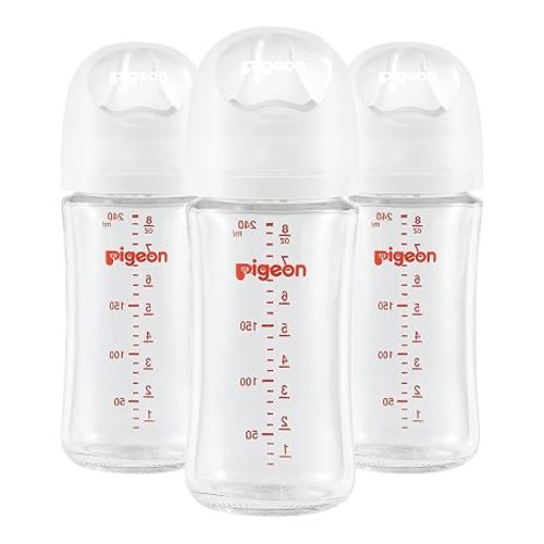 Pigeon Glass Baby Bottles Wide Neck, 5.4 Oz, Pack of 3 | Nurture & Nest, Borosilicate Glass, Anti-Colic Bottle, Natural Feel, Easy to Clean, Includes 3pcs Stage 1 Nipples (0M+)