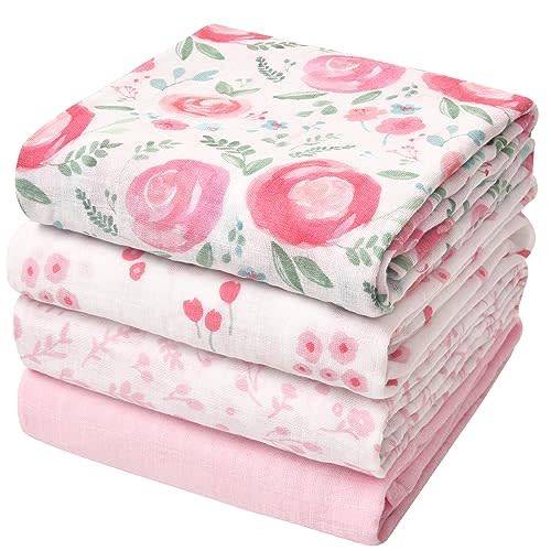 david's kids 4 Pack Baby Muslin Swaddle Blankets, 100% Cotton and Ultra Soft Breathable Receiving Blanket Wrap for Girls, New Born Essentials, Large 47 x 47 inches, Floral Flowers/Pink