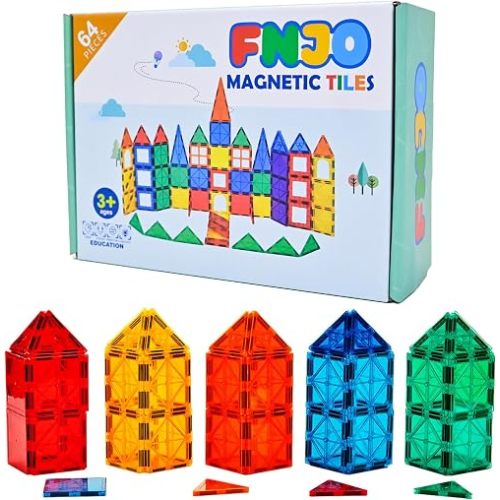 FNJO Magnetic Tiles, 64 PCS Magnetic Building Blocks, Magnets Building Set, STEM Toys for Kids Boys and Girls Creative and Inspirational