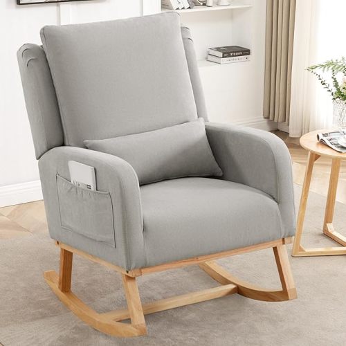 Rocking Chair Nursery, Upholstered Nursing Rocking Chairs with Lumbar Pillow, Modern Nursery Glider Rocker for Living Room, Bedroom, Light Grey