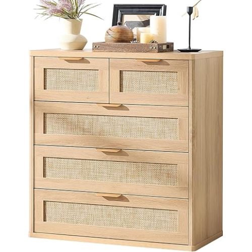 LEYAOYAO Rattan Dresser for Bedroom, 33.5" Tall Chest of Drawers, Modern 5 Drawers Boho Dressers with Storage, Light Oak Dresser Wooden Closet Organizer for Living Room, Hallway, Natural Wood