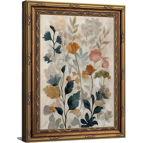 Gold Framed Beige Floral Canvas Wall Art Vintage Country Botanical Earth Tone Flower painting Decor Pictures Boho Plant Bedroom Living Posters Prints for Corridor Classroom Kitchen Room Decoration