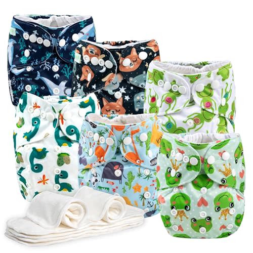 Wegreeco Cloth Diapers 6 Pack with Inserts, Washable Reusable Diapers for Babies, One Size Adjustable (Animals)