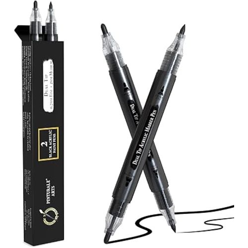 Black Acrylic Paint Pen | Set 2 Black Acrylic Paint Marker Dual Tip (Fine 0,7mm and Medium 3mm) | For Ceramics, Rock Painting, Glass, Wood, Canvas, Metal