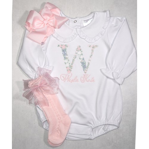 Long Sleeve Girl coming home outfit, Floral Embroidery Bubble, Light Pink Bow/Headband, Monogrammed Romper, Pima Cotton, Personalized