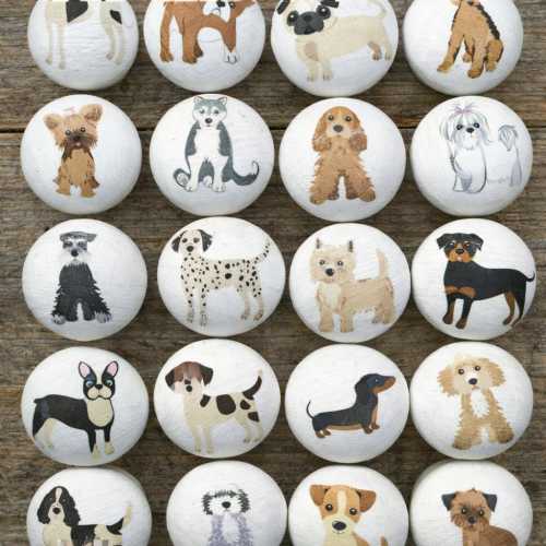 Dog door knobs, handmade 40mm wooden drawer knobs with lots of cute dog breeds designs. Dog home decor door handles for dog lovers gift.
