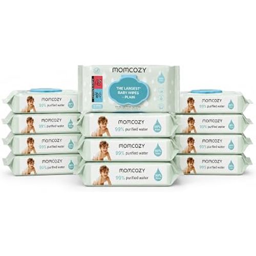 Momcozy PLAIN Baby Wipes Unscented, Minimal Ingredient Formula, 12 Packs
