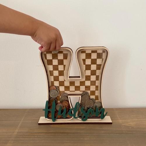 Checkered Letter Piggy Bank | Personalized Coin Bank | Money Holder | Kids Piggy Bank