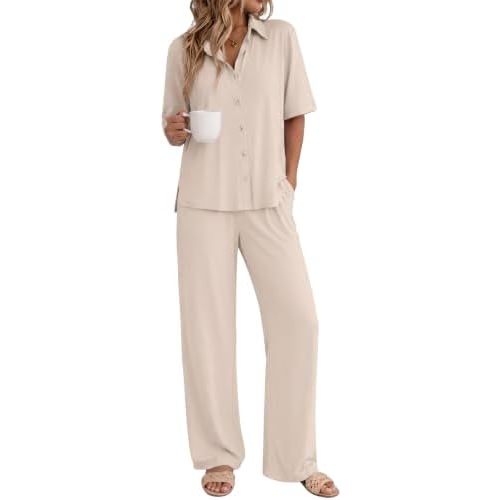 Ekouaer Pajamas for Women Set Button Up Short Sleeve Pjs with Long Pants