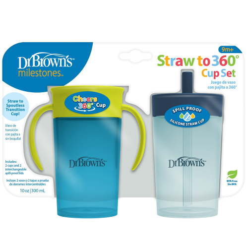 Dr. Brown's Milestones Straw to 360 Convertible Training Cups, Blue Green, 2-Pack