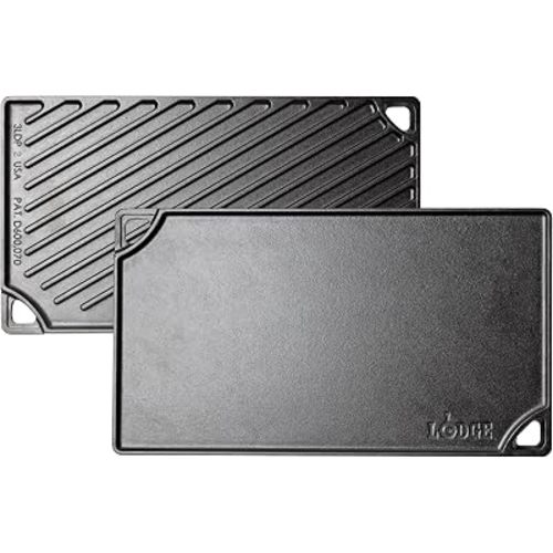 Lodge Reversible Cast Iron Grill/Griddle Pan 16.75 x 9.5 - Pre-Seasoned Dual-Sided Double Burner for BBQ, Eggs, Pancakes, Burgers - PFAS Free Cookware - Flat Top Plate for Oven, Grill, & Campfire