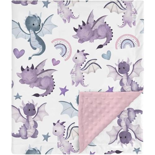 HawSkgFub Cute Purple Blue Dragons Mink Baby Blankets Dotted Backing Girls Shower Gift, Dragon Lover Rainbow Heart Star Double Layer Nursery Swaddle, Soft Newborn Infant Toddler Bed Crib Bedding 30x40