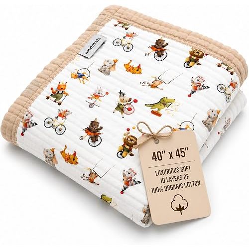 Organic Cotton Muslin Baby Blanket for Boys and Girls - Luxurious Soft Toddler Quilt for Swaddling - Gender Neutral Blanket - Baby and Toddler Gift - Circus