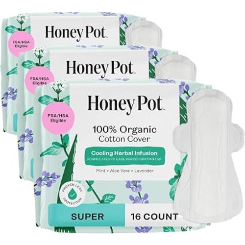 The Honey Pot Company - Herbal Pads for Women - Super w/Wings - Infused w/Essential Oils for Cooling Effect, Organic Cotton Cover, & Ultra-Absorbent Pulp Core - Feminine Care - 16 ct (Pack of 3)