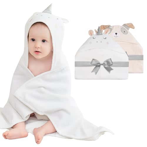 Mooreeke 2 Pack Baby Towels - 100% Cotton Baby Hooded Towels - Soft Baby Bath Towels with Hood for Newborn - Comfort Towels for Baby Girls and Boys - Animal Shaped Design (Puppy & Unicorn)