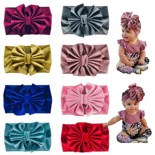 8 PACK Stretchy Elastic Soft Wide Velvet Bowknot Bow Headbands Hairband Knot Turban Headwraps Hair Bows Accessories for Kids Toddler Infant Baby Girl