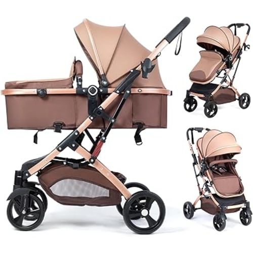 2 in 1 Convertible Baby Stroller Lightweight Stroller Newborn Reversible Foldable Pushchair with Adjustable Canopy Folding High Landscape Infant Carriage, Anti-Shock Toddler Pushchair