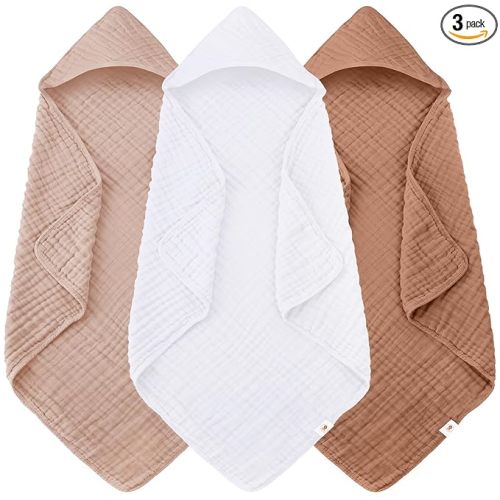 Sunny zzzZZ Muslin Hooded Baby Bath Towels - 3 Pack 100% Cotton Soft Low-Saturation Pastel Towels Including Classic White for Newborns, Infants, Toddlers - 32x32 Inch - Light Bean Paste and White